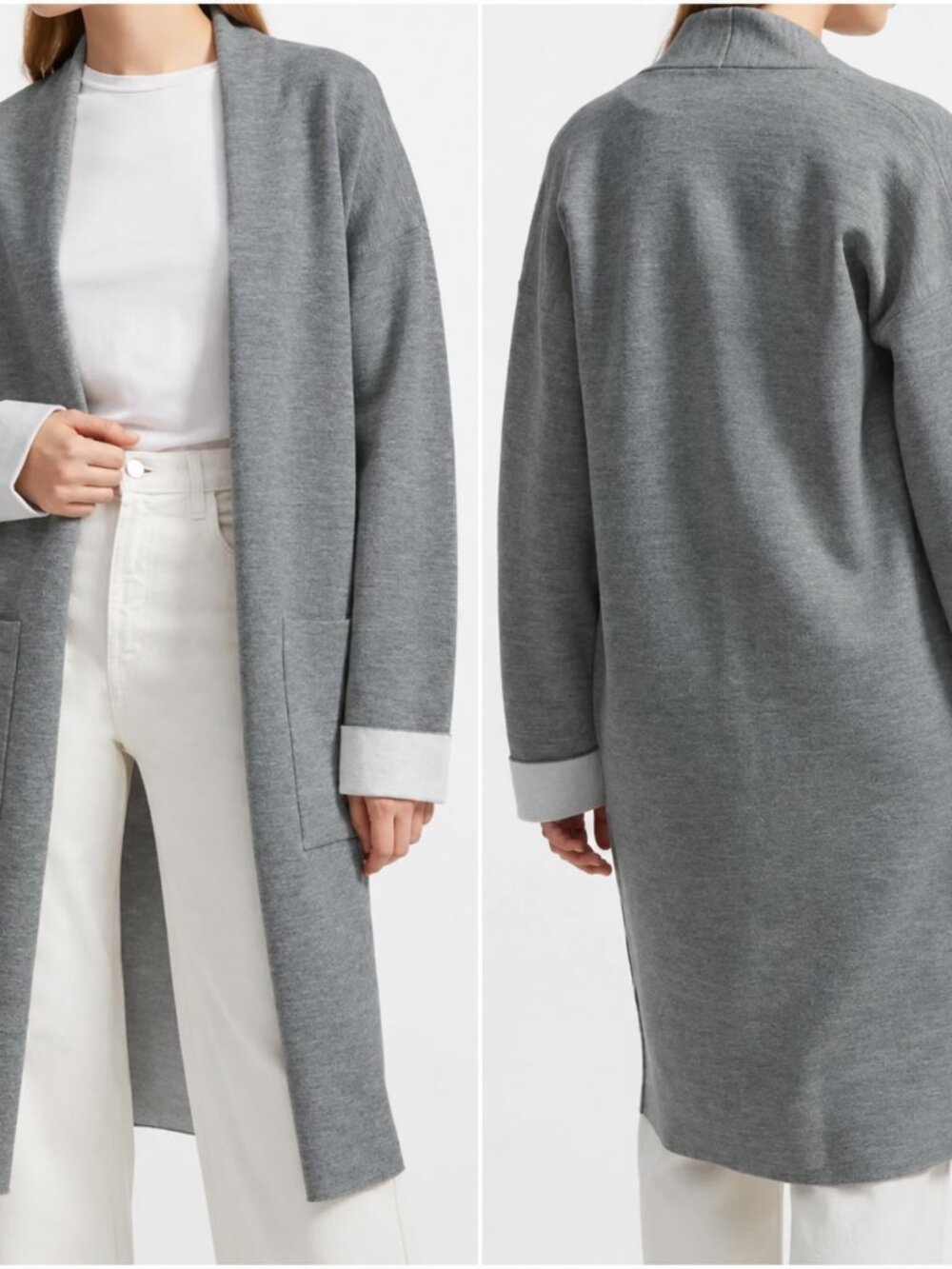Theory Wool Open Front Double Face Long Cardigan Sweater Grey Size Medium